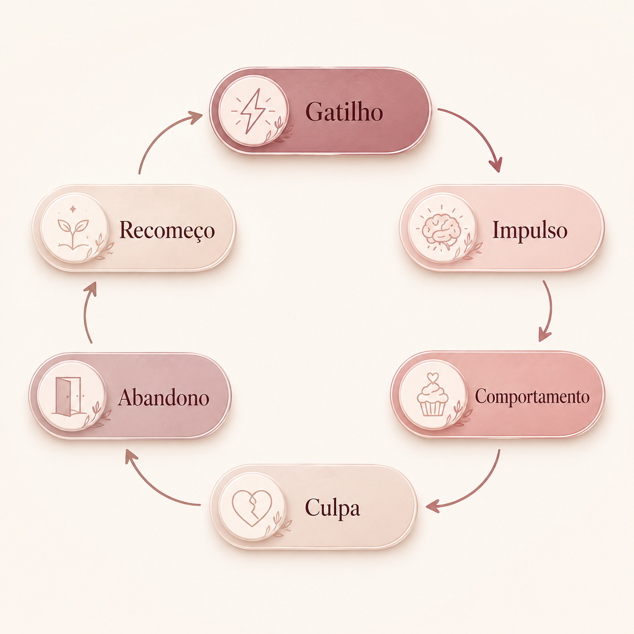 Ciclo do Recomeço: gatilho, impulso, comportamento, culpa, abandono e recomeço